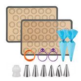 Macaron Silicone Baking Mats Kit 16Pcs,Reusable Silicone Pastry Bags with 2 Half-Size Baker Mats for Home Pastry Baking(Grey)