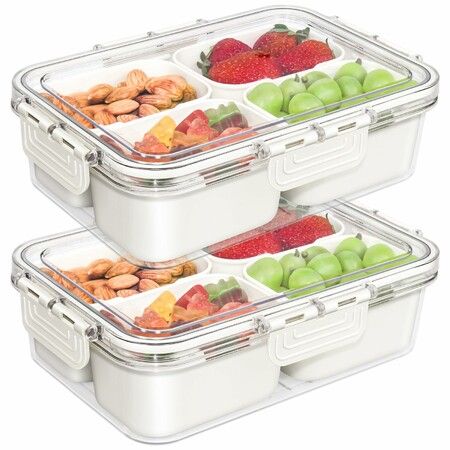 Small Snackle Box Container,Divided Serving Tray with Lid,4 Compartment Snack Box Container for Candy,Fruits,Charcuterie,Travel & Parties,White