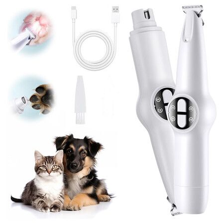 2 in 1 Pet Trimmer & Nail Grinder, Multifunctional Rechargeable Pet Shaver Hair Nail Trimmer with LED Light for Paws Eyes Ears Face Buttocks for Dogs Cats