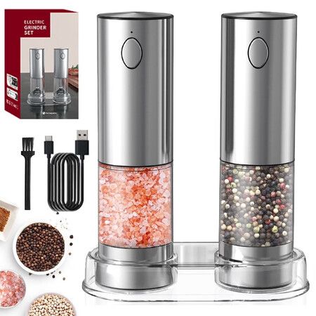 Electric Salt and Pepper Grinder USB Rechargeable with Adjustable Coarseness Stainless Steel Automatic Salt Pepper Mill Grinders with LED light