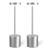 2Pcs Cordless Table Lamps, Rechargeable 1200mAh Battery Powered Outdoor Table Lamps for Restaurant, Patio, Bedroom, Bedside Night Lamp, Silver