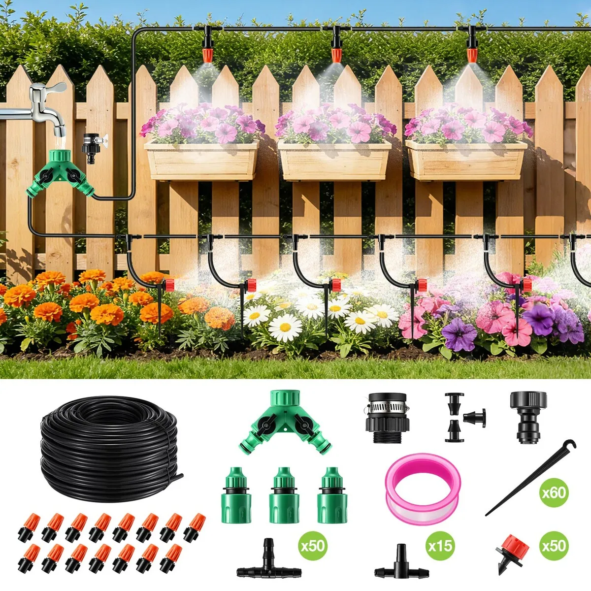 Garden Irrigation System 50m Drip Tubing Hose DIY Micro Plant Watering ...