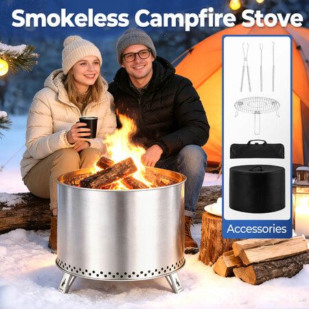 Large Campfire Stove Fire Pit Smokeless Wood Burning Heater Fireplace Stainless Steel Portable Outdoor Patio Camping Hiking BBQ Grill Ash Tray 50x45cm