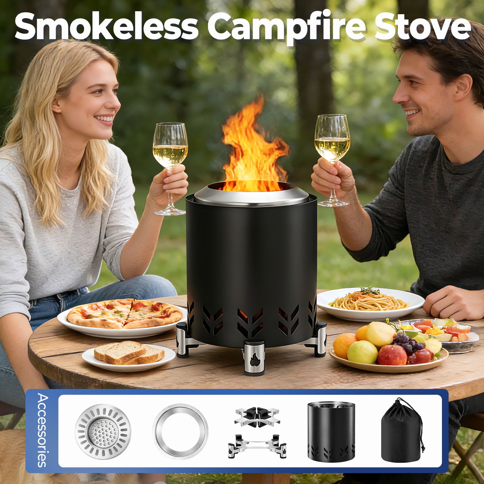 Tabletop Stove Fire Pit Smokeless Wood Burning Campfire Fireplace Outdoor Portable Patio Hiking Camping Stainless Steel Stand Carry Bag 14.5x13cm