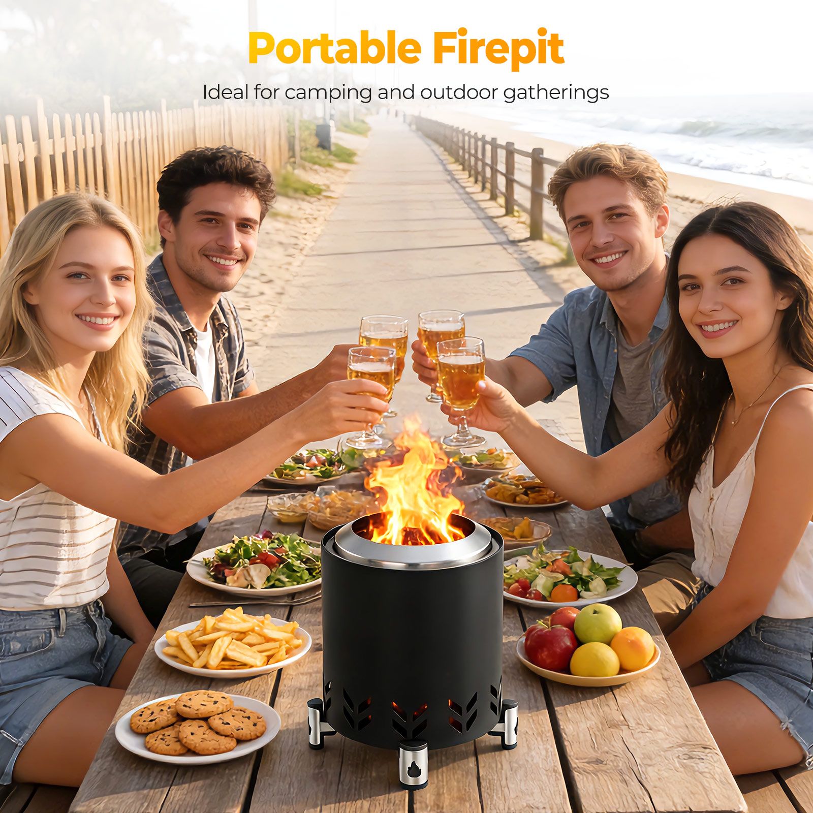 Tabletop Stove Fire Pit Smokeless Wood Burning Campfire Fireplace Outdoor Portable Patio Hiking Camping Stainless Steel Stand Carry Bag 14.5x13cm