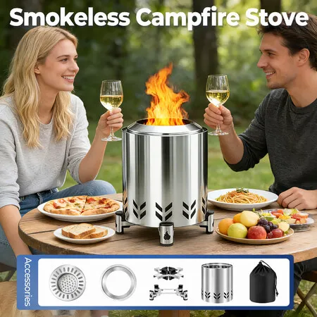 Wood Burning Stove Fire Pit Smokeless Fireplace Stainless Steel Tabletop Portable Outdoor Backyard Picnic Camping Hiking BBQ with Stand Carry Bag