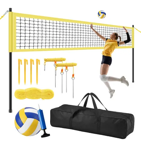 Portable Volleyball Net Set Outdoor Sports Training Equipment Backyard Pool Beach Sand Grass Height Adjustable Poles Carry Bag Ball Pump 9.75x0.91m