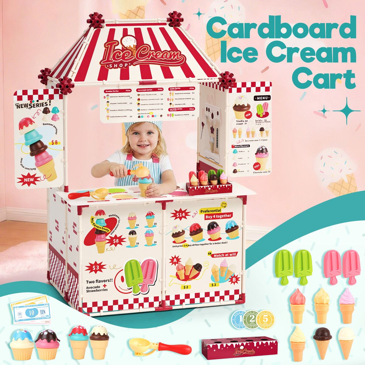 Kids Ice Cream Toy Set Pretend Role Play Kitchen Food Cardboard Building Kit STEM Educational Learning Interactive Preschool Activity Centre Shop 3+