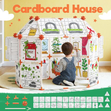 DIY Cardboard Play House Kids STEM Toys Educational Building Kit Interactive Colouring Doodling Creative Arts Crafts Construction Project 120x85x98cm