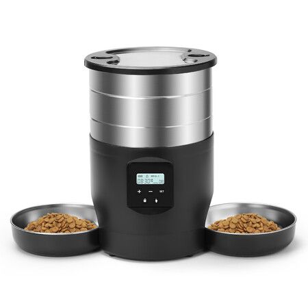 Automatic Cat Feeder 2 Cats Stainless Steel Cat Food Dispenser with Double Bowls for Dry Food 5L Timed Pet Feeder Indoor with Dual Power and Button Control
