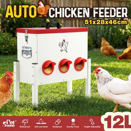 Chicken Bird Feeder 12L Automatic Gravity Food Dispenser 6 PVC Ports Poultry Chook Feeding Water Rat Rodent Proof Galvanised Steel Height Adjustable