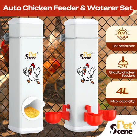 Chicken Bird Feeder Water Dispenser Automatic Waterer Poultry Food Drinker 4L Auto Gravity Fed Hen Chook Chick Duck Feeding Drinking Cups Coop Run PVC