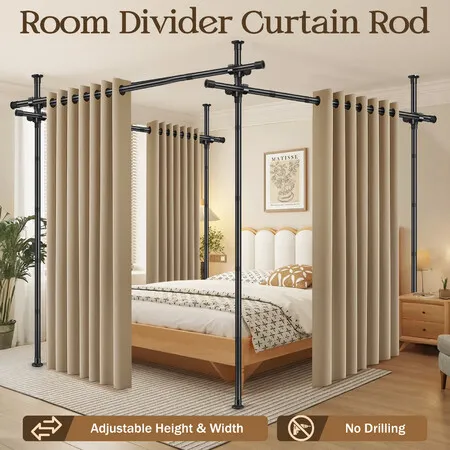 Room Divider Curtain Rod No Drill Temporary Wall Tension Privacy Separator Adjustable Partition Separate Standing Floor to Ceiling Dining Office Space