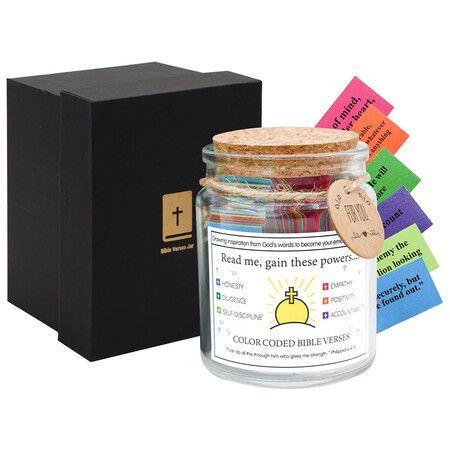 Bible Verse Jar with 96 Color Coded Scriptures Inspirational Christian Gifts for Women Prayer Hope Jar, Bible Study Supplies, Gain these Powers