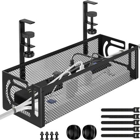 Cable Management Under Desk Cable Management No Drill,Metal Cable Organiser with Clamp for Standing Desk,Cord Organiser for Home Office,Black