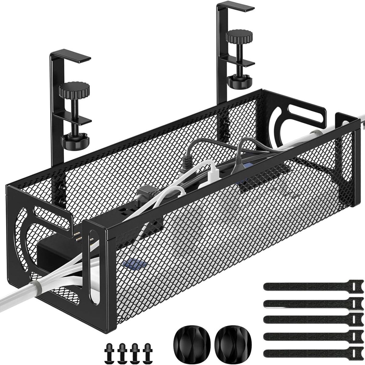 Cable Management Under Desk Cable Management No Drill,Metal Cable Organiser with Clamp for Standing Desk,Cord Organiser for Home Office,Black