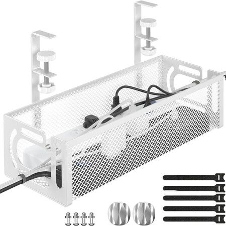 Cable Management Under Desk Cable Management No Drill,Metal Cable Organiser with Clamp for Standing Desk,Cord Organiser for Home Office,White