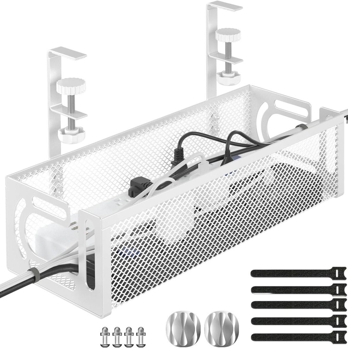 Cable Management Under Desk Cable Management No Drill,Metal Cable Organiser with Clamp for Standing Desk,Cord Organiser for Home Office,White