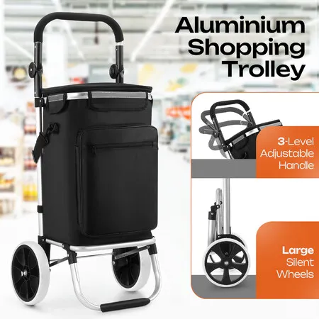 Aluminium Shopping Trolley Cart 55L Foldable Rolling Grocery Adjustable Handle Silent Wheels Lightweight Heavy Duty Portable 50kg Capacity Collapsible