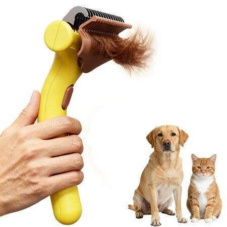 Grooming Rake for Dogs & Cats, Deshedding Brush for Long haired Pets, Dog Brush for Shedding with Release Button Yellow