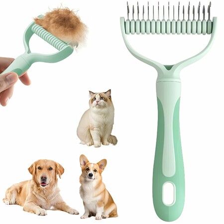 Grooming Rake for Dogs & Cats, Double-Sided Deshedding Brush, Slicker Comb for Undercoat & Loose Hair Removal (Green)
