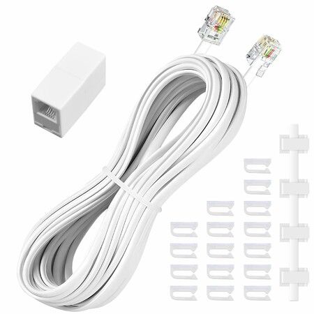 Phone Extension Cord 7.6M 25Ft 1pcs,Telephone Cable with Standard RJ11 Plug and 1 in-Line Couplers and 20 Cable Clip Holders,White