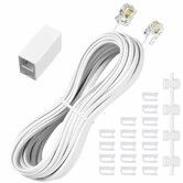 Phone Extension Cord 7.6M 25Ft 1pcs,Telephone Cable with Standard RJ11 Plug and 1 in-Line Couplers and 20 Cable Clip Holders,White