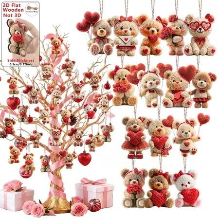 30 PCS Wooden  Valentines Day Wedding Decor  Love Heart Bear Pendants Cute Bear Ornaments Home Office Table Decoration Christmas Birthday Gift