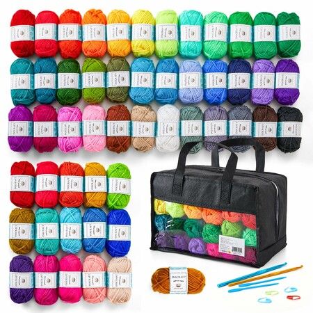 52 Acrylic Yarn Skeins,1820 Yards 52 Colors,2 Crochet Hooks,2 Weaving Needles,10 Stitch Markers,1 Bag for Crocheting  Knitting