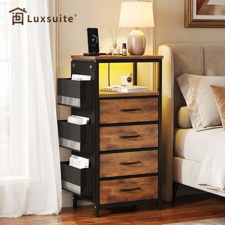 Bedside Table Dresser Chest LED Nightstand Lamp End Cabinet Stand Unit Storage Drawers Shelf Fabric Bags Wooden Bedroom Furniture USB Charging Station