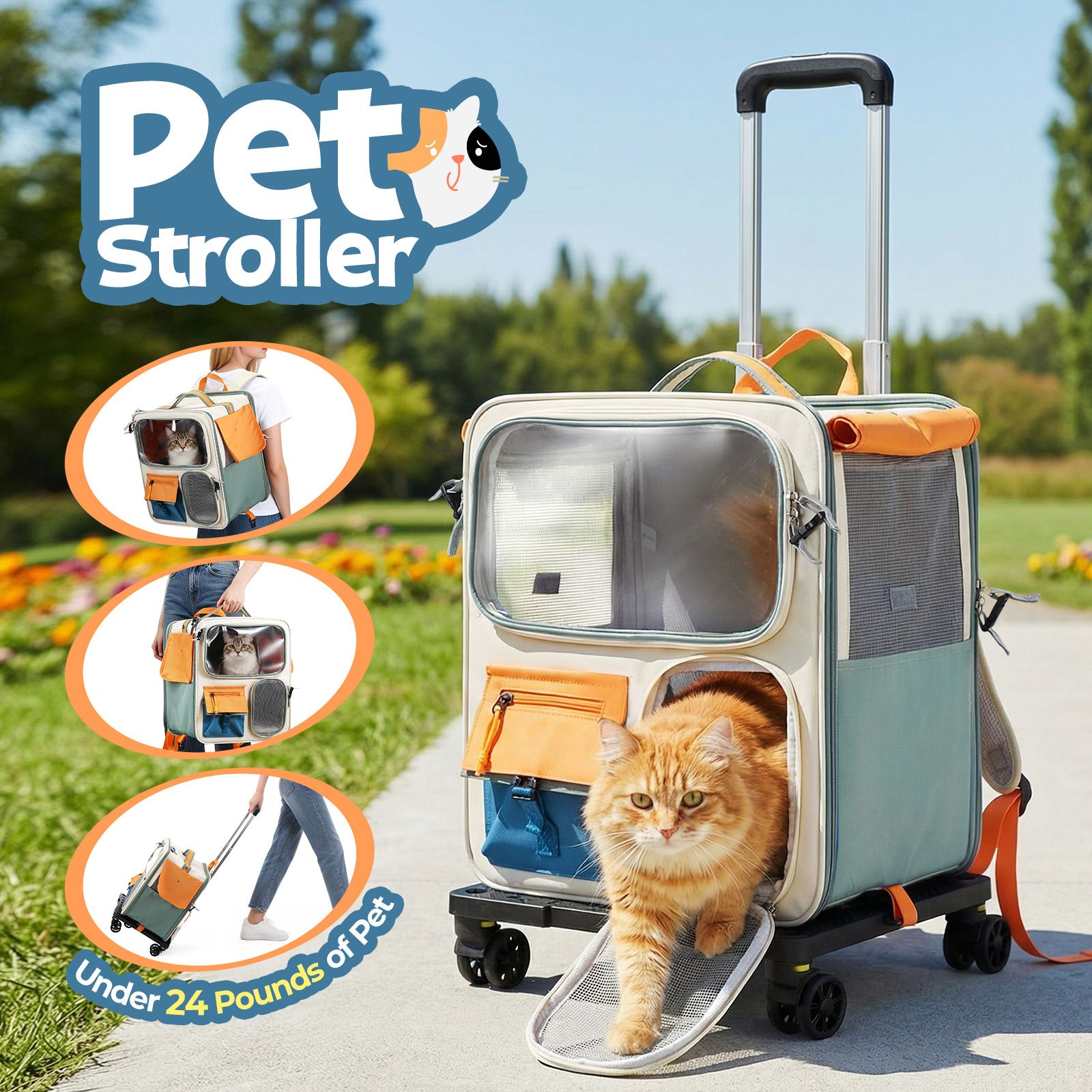 Dog Cat Carrier Stroller Pet Backpack Soft Sided Crate Travel Carry Bag Portable Animal Puppy Trolley Kennel Case Folding Luggage Suitcase with Wheels