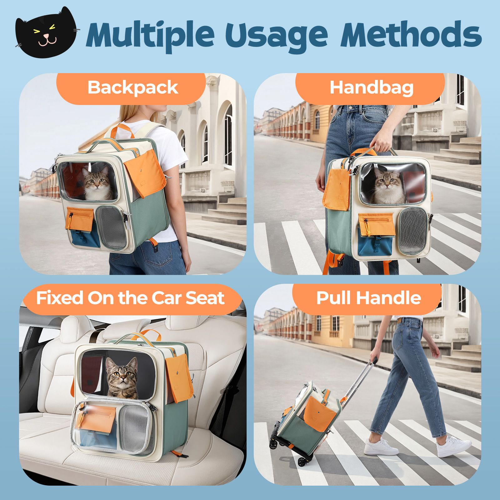Dog Cat Carrier Stroller Pet Backpack Soft Sided Crate Travel Carry Bag Portable Animal Puppy Trolley Kennel Case Folding Luggage Suitcase with Wheels