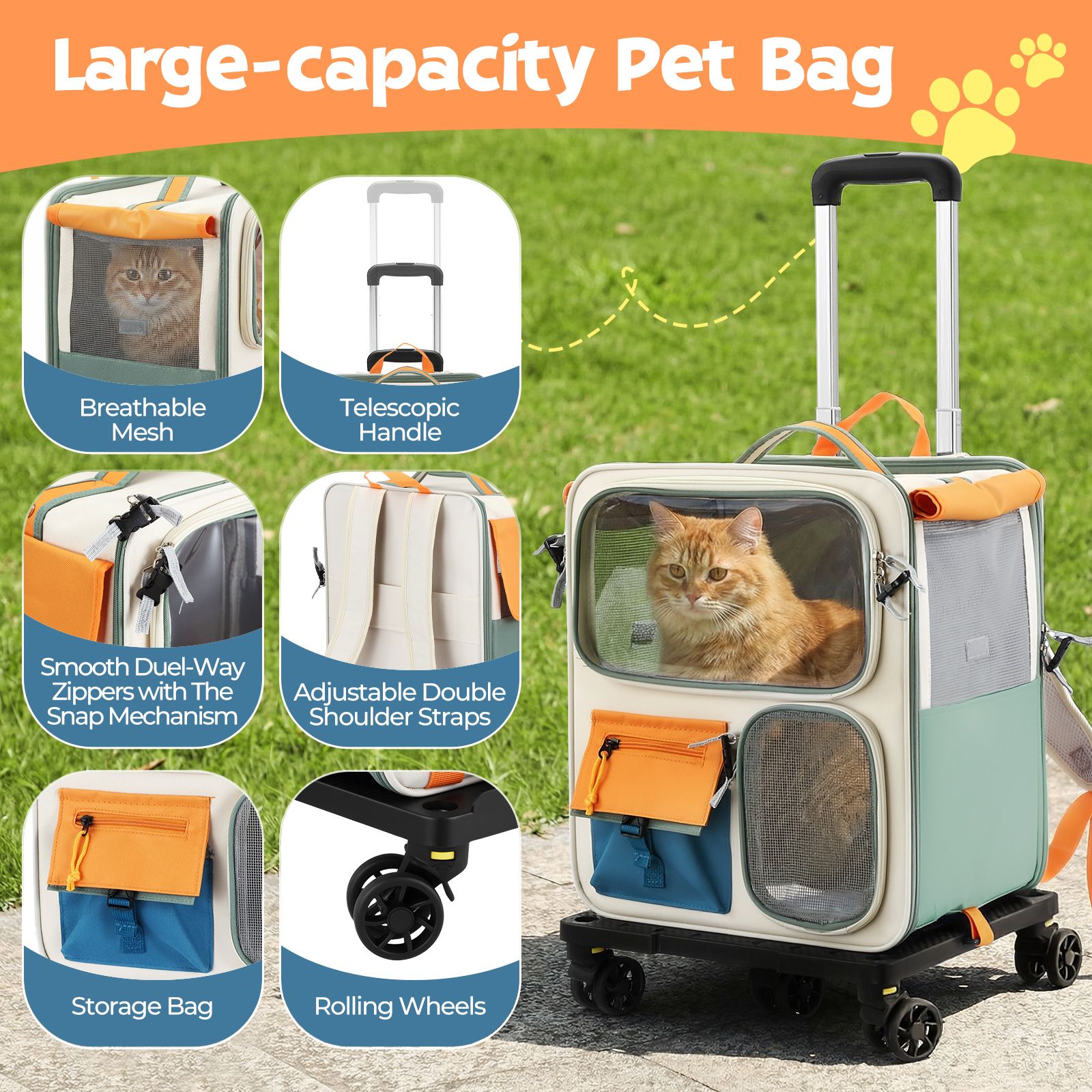 Dog Cat Carrier Stroller Pet Backpack Soft Sided Crate Travel Carry Bag Portable Animal Puppy Trolley Kennel Case Folding Luggage Suitcase with Wheels