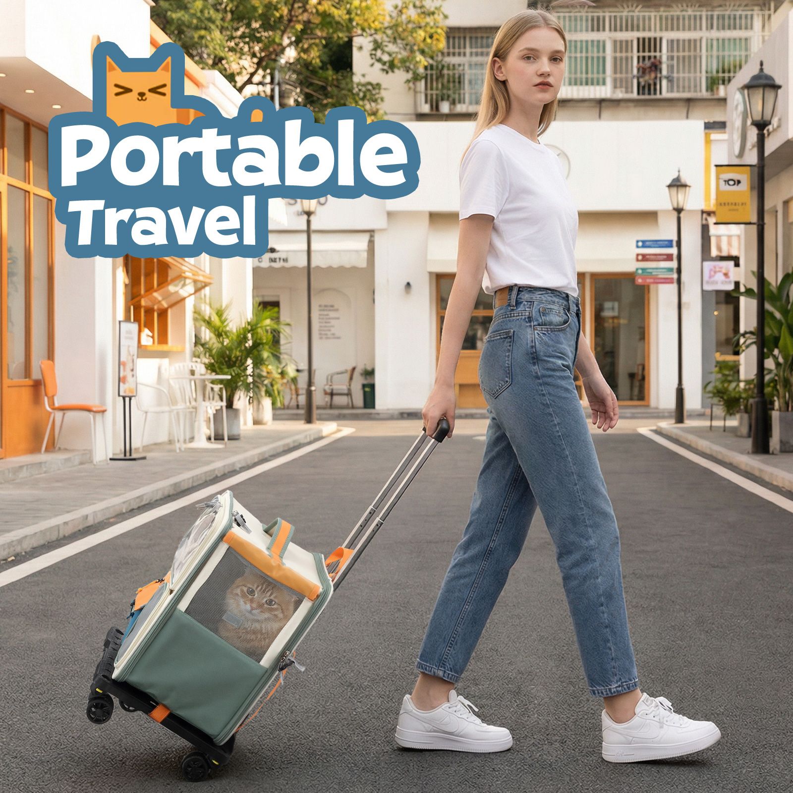 Dog Cat Carrier Stroller Pet Backpack Soft Sided Crate Travel Carry Bag Portable Animal Puppy Trolley Kennel Case Folding Luggage Suitcase with Wheels