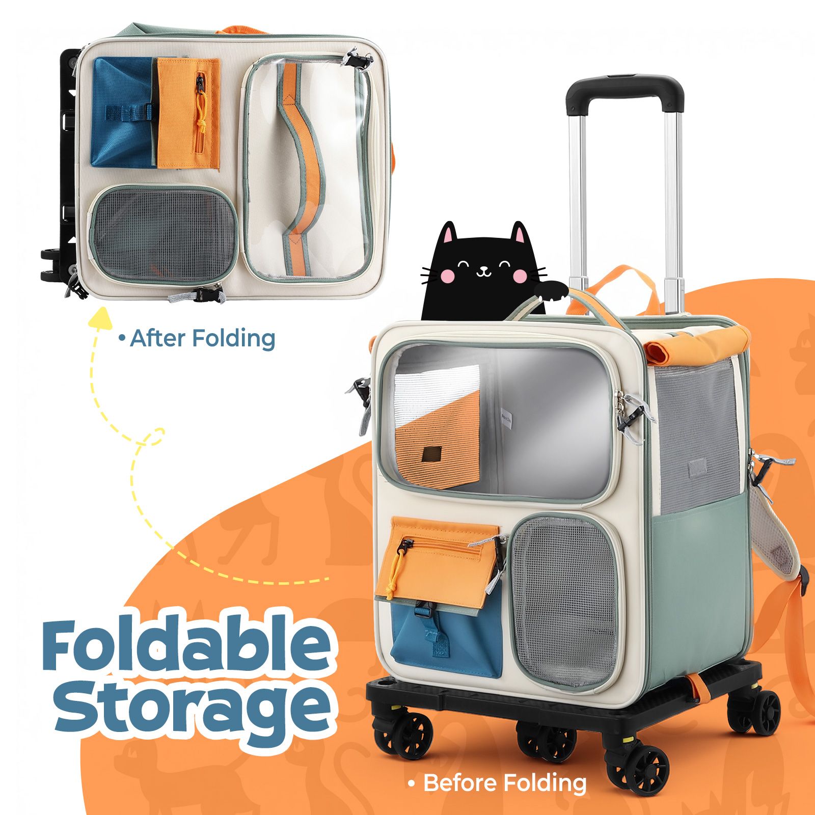 Dog Cat Carrier Stroller Pet Backpack Soft Sided Crate Travel Carry Bag Portable Animal Puppy Trolley Kennel Case Folding Luggage Suitcase with Wheels