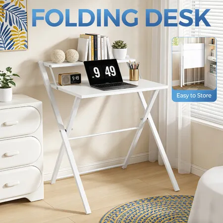 Folding Desk Table Collapsible Foldaway Computer Workstation Portable Home Office Study Foldable Space Saving Coffee Laptop Corner Storage Shelf White
