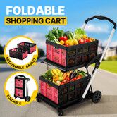 Folding Shopping Cart Trolley Hand Truck 2 Baskets Utility Luggage Collapsible Foldable Dolly for Tennis Ball Grocery Camping Office Moving 4 Wheels