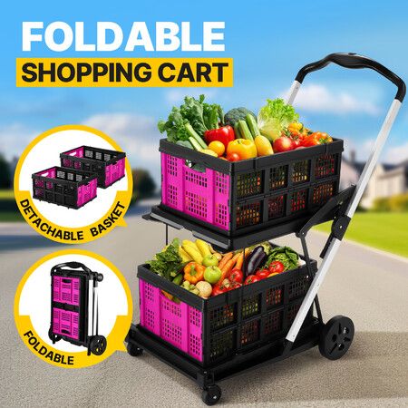 Folding Hand Truck Dolly Utility Luggage Cart Shopping Trolley Collapsible Foldable 2 Baskets for Moving Grocery Office Tennis Ball Camping 4 Wheels
