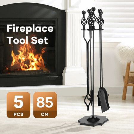 Fireplace Tool Set 5 Piece Firepit Accessories Fire Place Poker Brush Tongs Shovel Black Cast Iron Modern 85cm Fireside Stand Indoor Outdoor Campfire