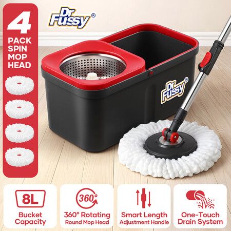 Spin Mop and Bucket Set Tile Hard Wood Floor Cleaner 4 Microfibre Heads 360° Rotating Swivel Wet Dry Magic Twist Dr Fussy Easy Home Cleaning System