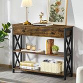 Industrial Console Table with Drawer Hall Entryway Bar Side Sofa Wooden Accent Couch Lamp Open Storage Shelf Narrow Display Cabinet 100x30x80cm