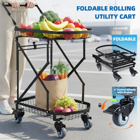 2-Tier Folding Trolley Cart Utility Shopping Heavy Duty 100kg Collapsible Storage Rolling Braked Caster Wheels Portable Push Hand Truck Grocery Office