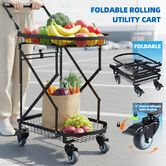 2-Tier Folding Trolley Cart Utility Shopping Heavy Duty 100kg Collapsible Storage Rolling Braked Caster Wheels Portable Push Hand Truck Grocery Office