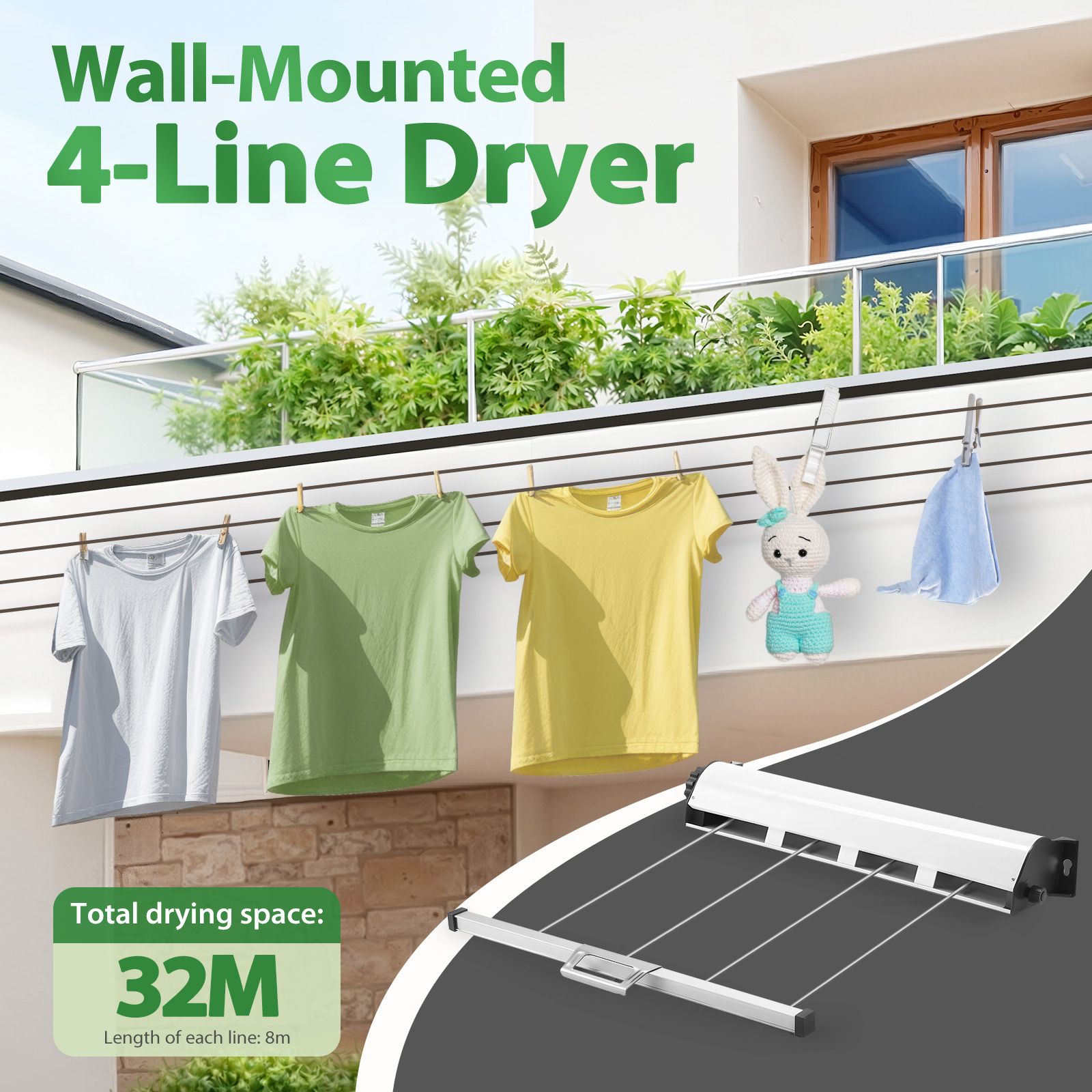 Retractable Clothesline 4 Line Clothes Dryer Airer Rack Wall Outdoor Wet Dry Laundry Garment Pull Out Air Washing Drying Cord 32m Galvanised Steel