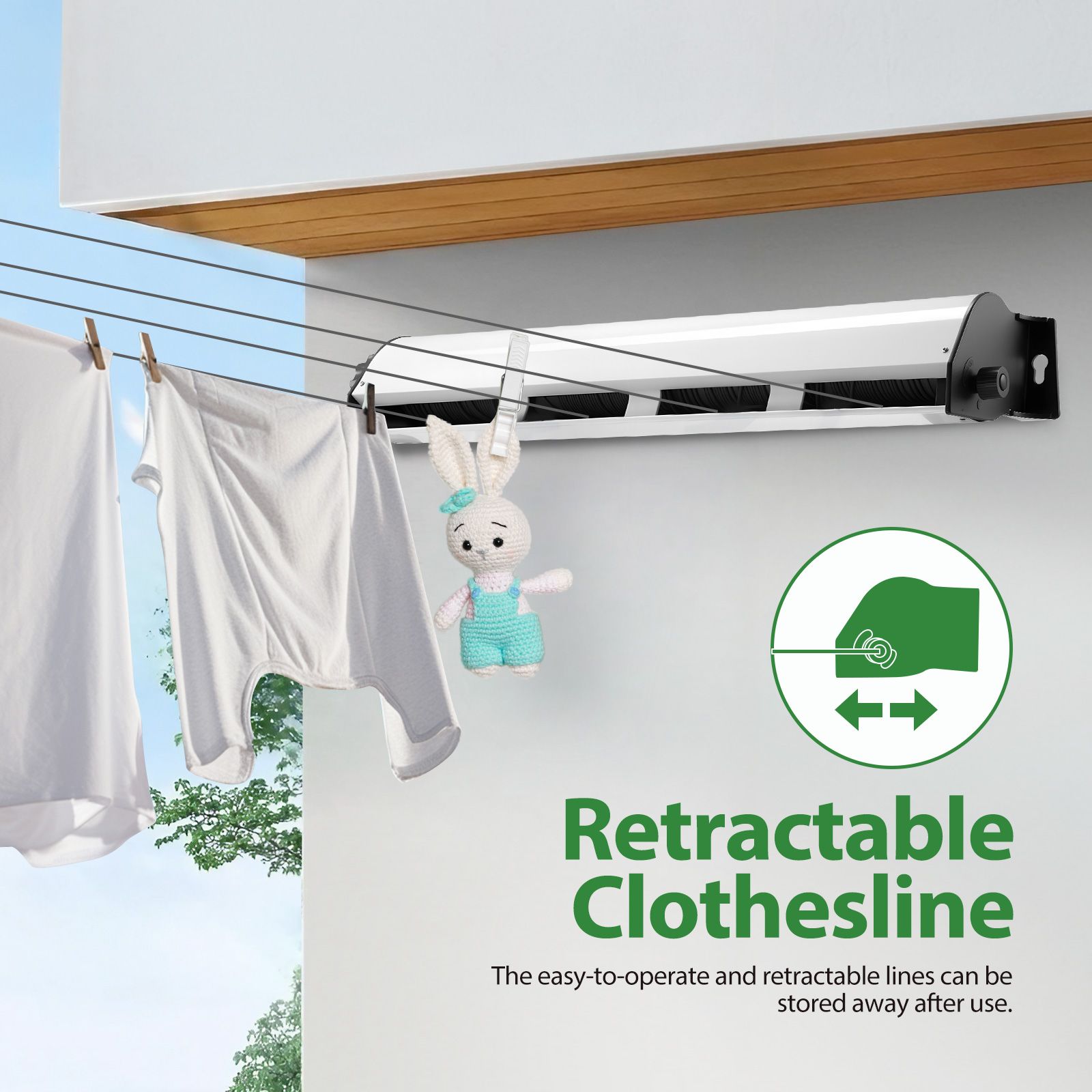 Retractable Clothesline 4 Line Clothes Dryer Airer Rack Wall Outdoor Wet Dry Laundry Garment Pull Out Air Washing Drying Cord 32m Galvanised Steel