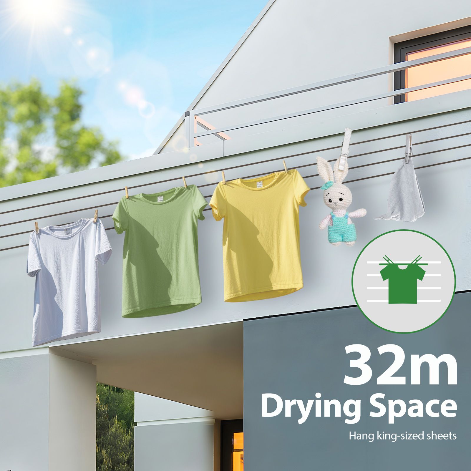 Retractable Clothesline 4 Line Clothes Dryer Airer Rack Wall Outdoor Wet Dry Laundry Garment Pull Out Air Washing Drying Cord 32m Galvanised Steel
