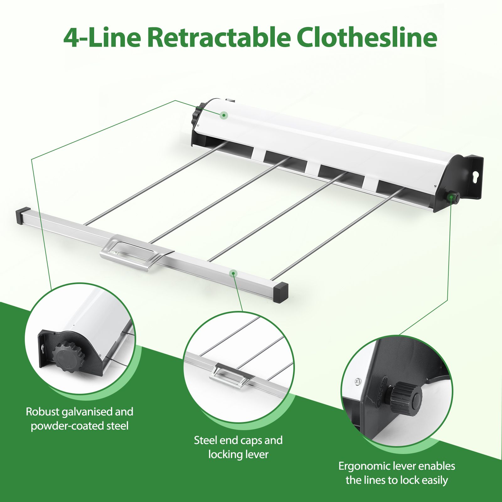 Retractable Clothesline 4 Line Clothes Dryer Airer Rack Wall Outdoor Wet Dry Laundry Garment Pull Out Air Washing Drying Cord 32m Galvanised Steel