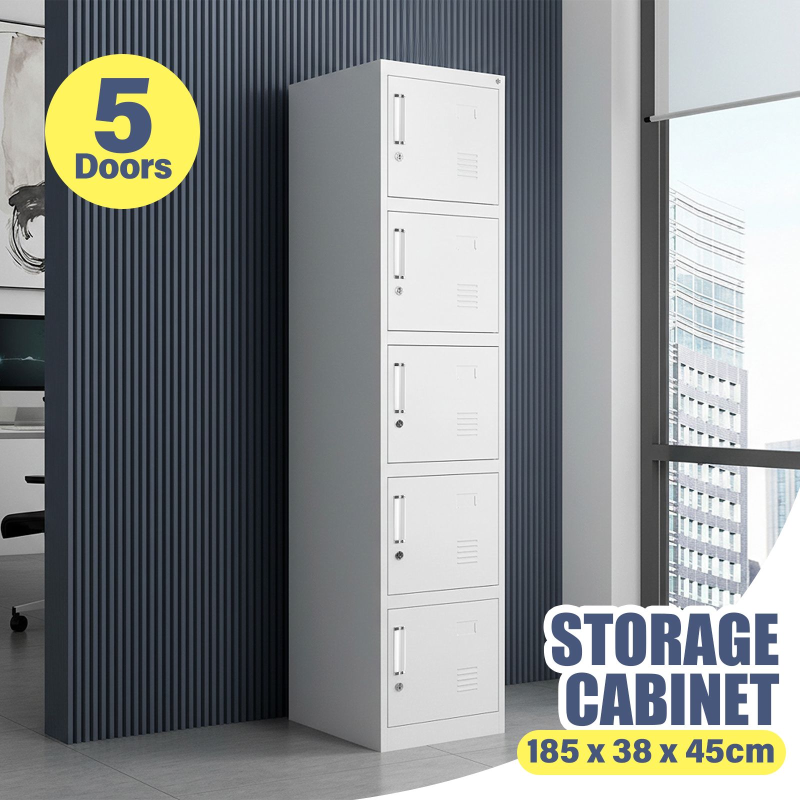 5 Doors Locker Cabinet Metal Lockable Storage Cupboard Steel Vertical Organiser Unit for Home School Work Office Staff Lab Dorm Gym Garage 185x38x45cm