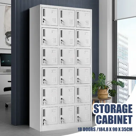 18 Doors Locker Cabinet Steel Storage Cupboard Metal File Organiser Home Office School Gym Garage Dorm Student Employee Staff Locks Card Slots 184.8cm