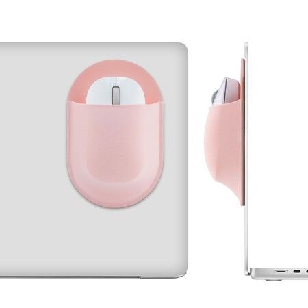 Universal Stick-On Mouse Pouch,Holder for Wireless Mouse,Sleeve for Laptop,Reusable Adhesive,No Glue Residue,Compatible with iPad or MacBook (Pink)